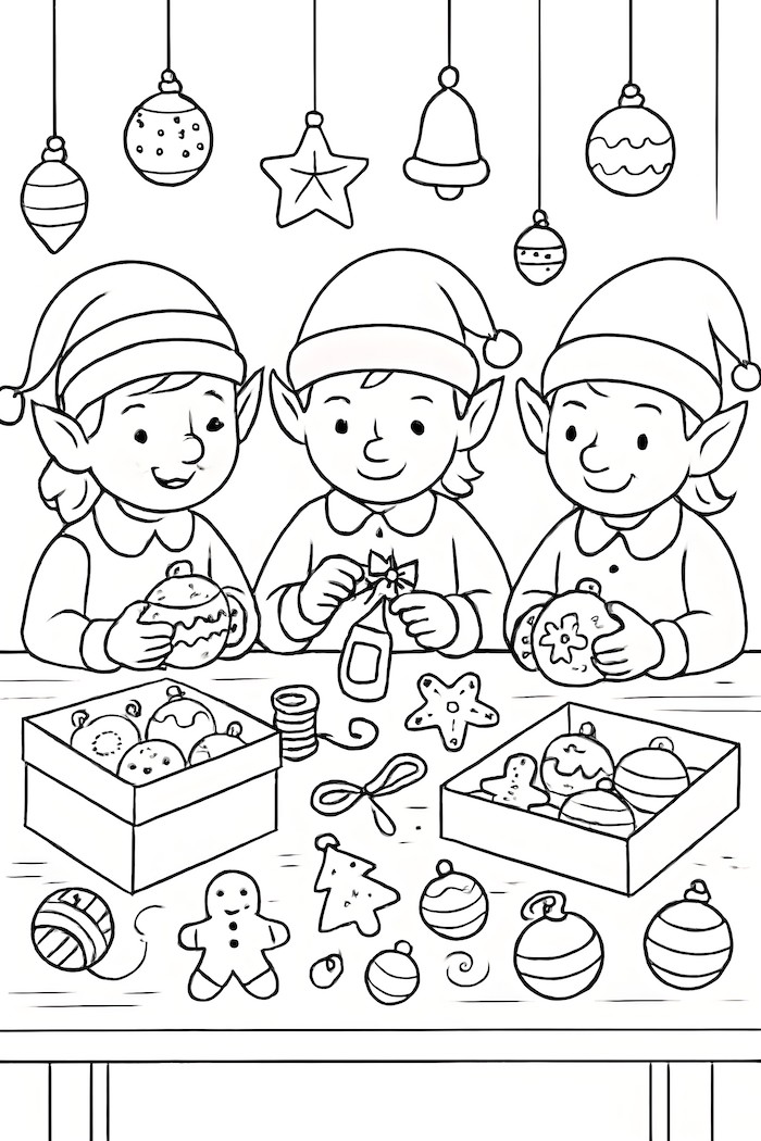 Coloring page of three elves at a craft table making ornaments with various shapes and decorations