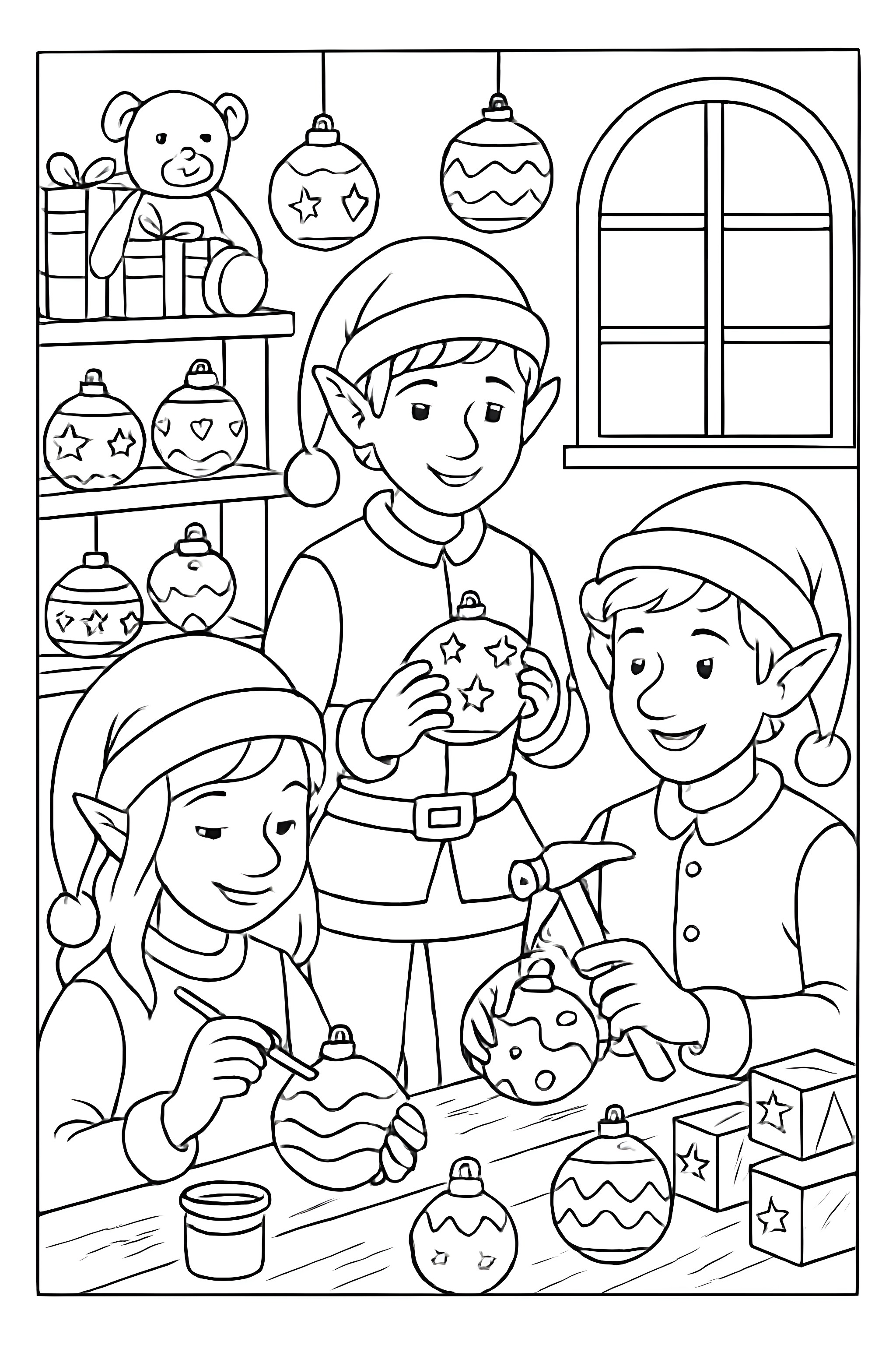 Elves crafting and painting Christmas ornaments in a workshop filled with toys and decorated hanging ornaments