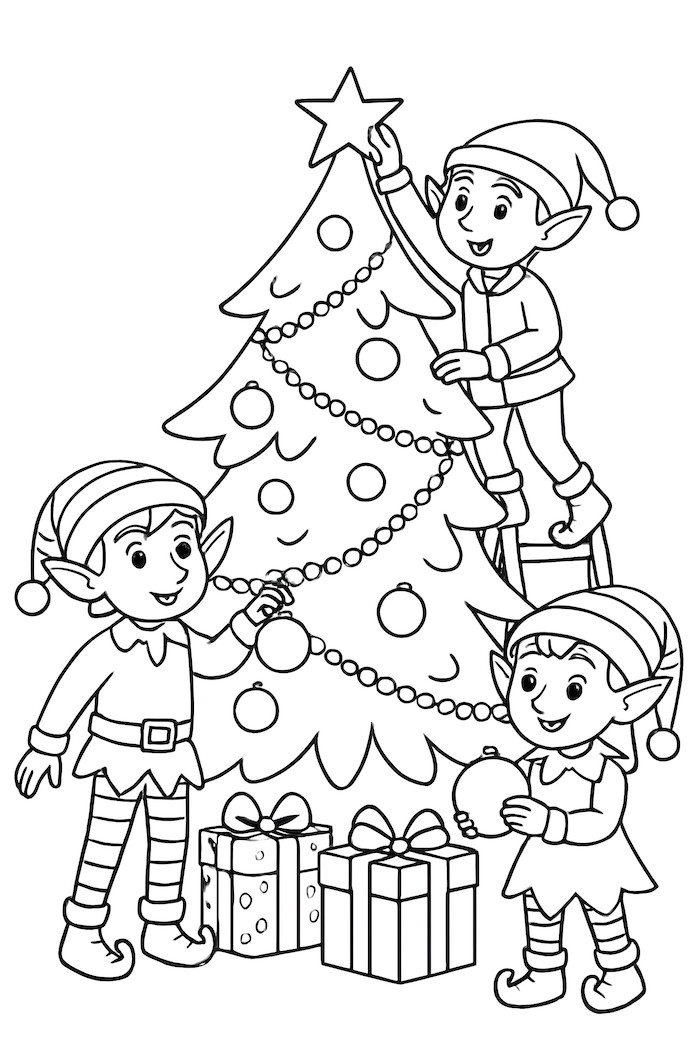 Coloring page of three elves decorating a tall Christmas tree with ornaments and presents