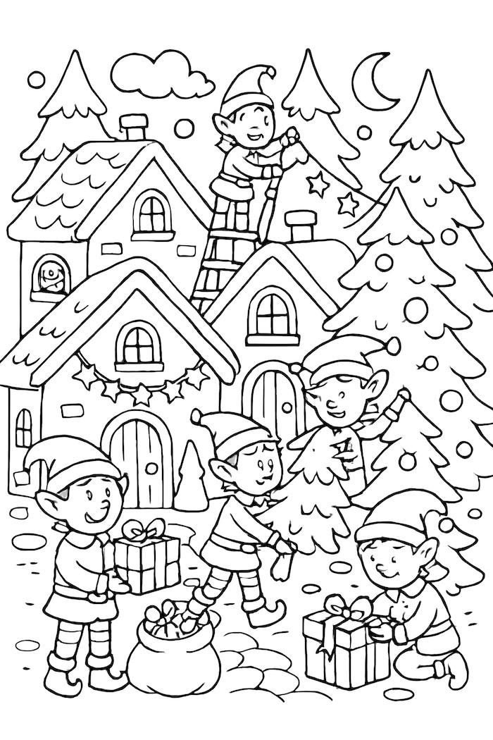 Coloring page of elves decorating Christmas trees, carrying gifts, and houses in a cozy village setting