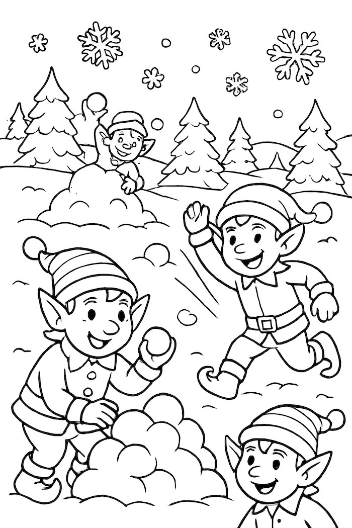 Coloring page of elves playing in snow, participating in a snowball fight in a snowy landscape with trees and snowflakes