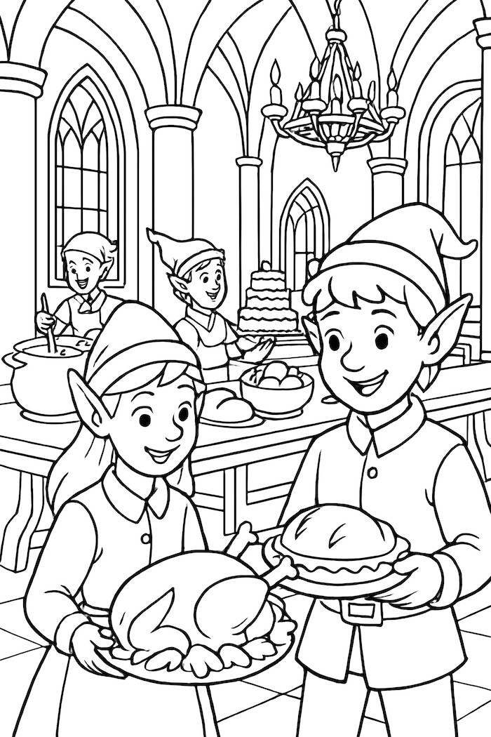 Coloring page of elves in a grand dining hall, serving a feast with a turkey and pie, surrounded by various dishes and a cake on the table