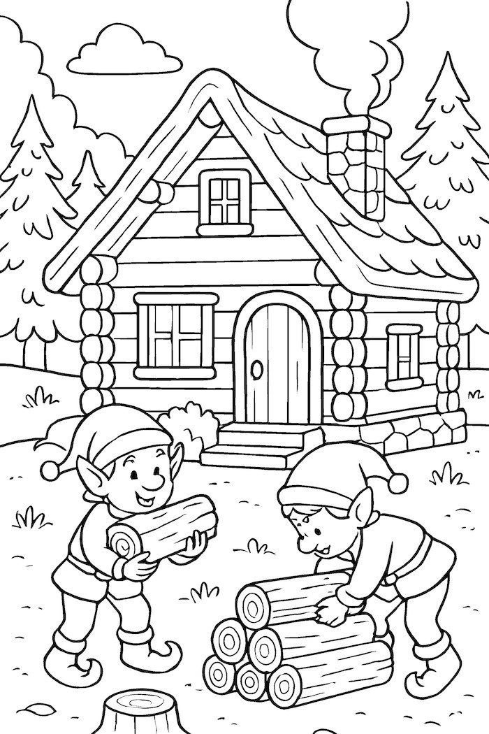 Coloring page of two elves carrying logs in front of a cozy cabin surrounded by trees
