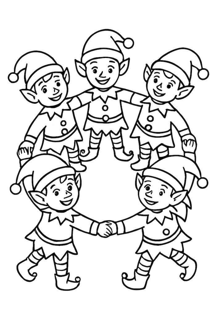 Coloring page of five elves holding hands in a circle, each wearing hats and festive outfits