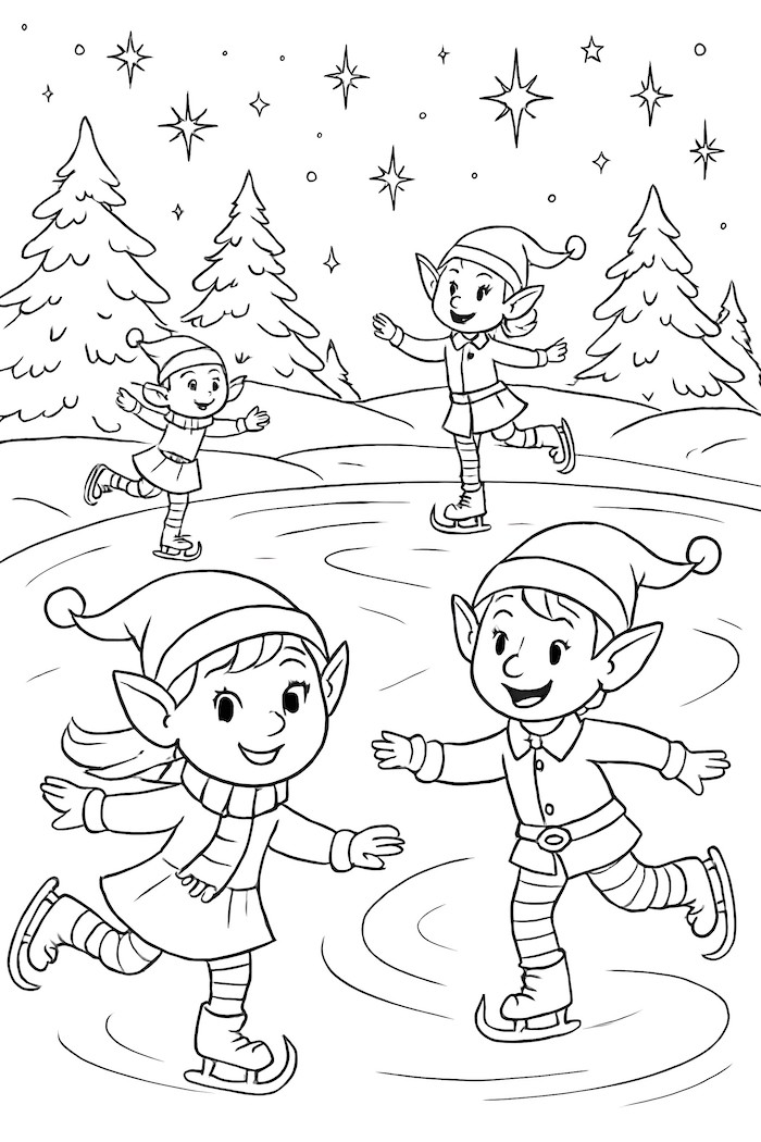 Coloring page of elves ice skating on a frozen pond with evergreen trees and twinkling stars above