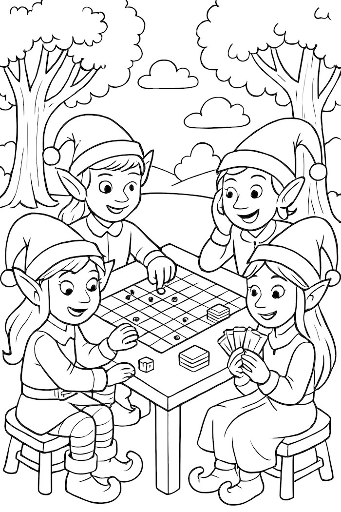 Coloring page featuring four elves gathered around a table playing board games outdoors with trees and clouds in the background