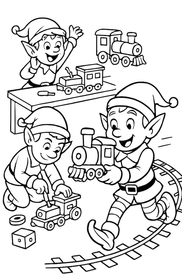 Coloring page of two cheerful elves racing toy trains, one holding a train and another assembling a train at a table
