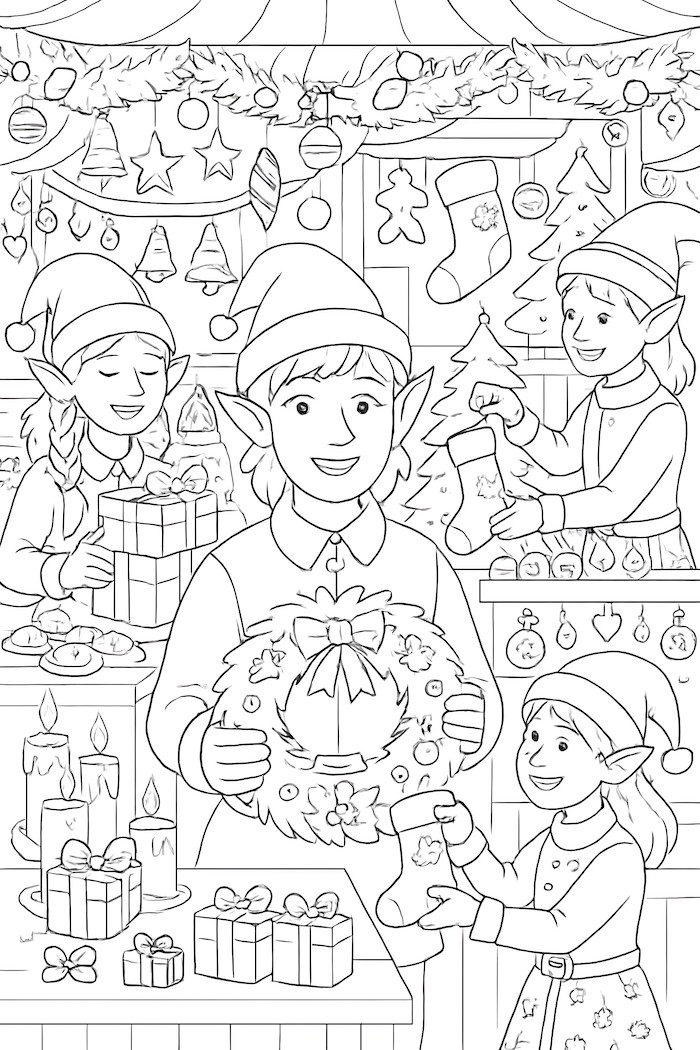 Coloring page of elves in a bustling marketplace, featuring holiday goods, decorations, and gifts.