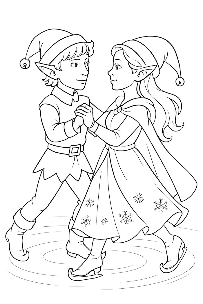Coloring page of two elves gracefully dancing on ice, wearing festive outfits and ice skates