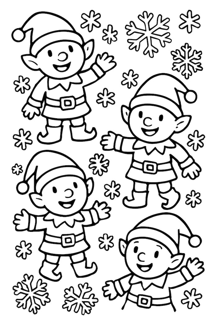 Coloring page featuring four cheerful elves in festive outfits waving amidst scattered snowflakes