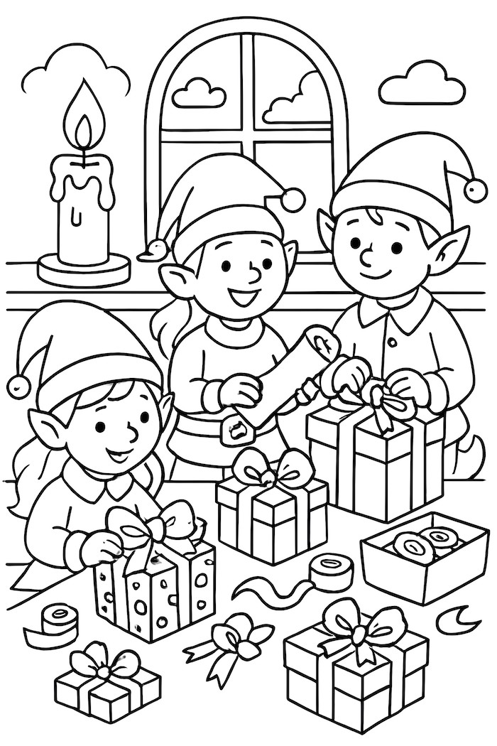 Coloring page of three elves in a cozy room wrapping presents, with a candle and window in the background