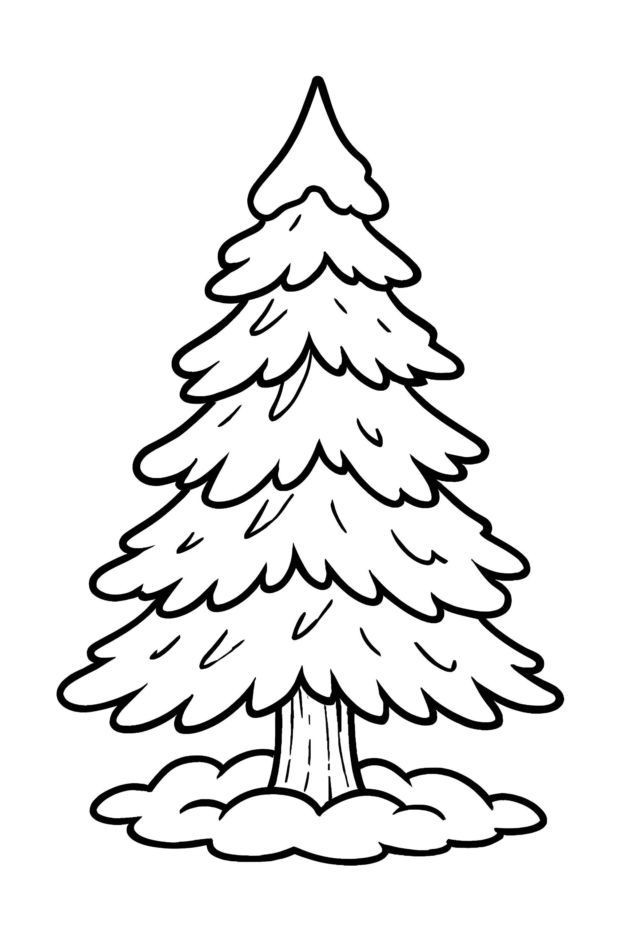 An evergreen Christmas tree covered in fresh snow with a textured trunk