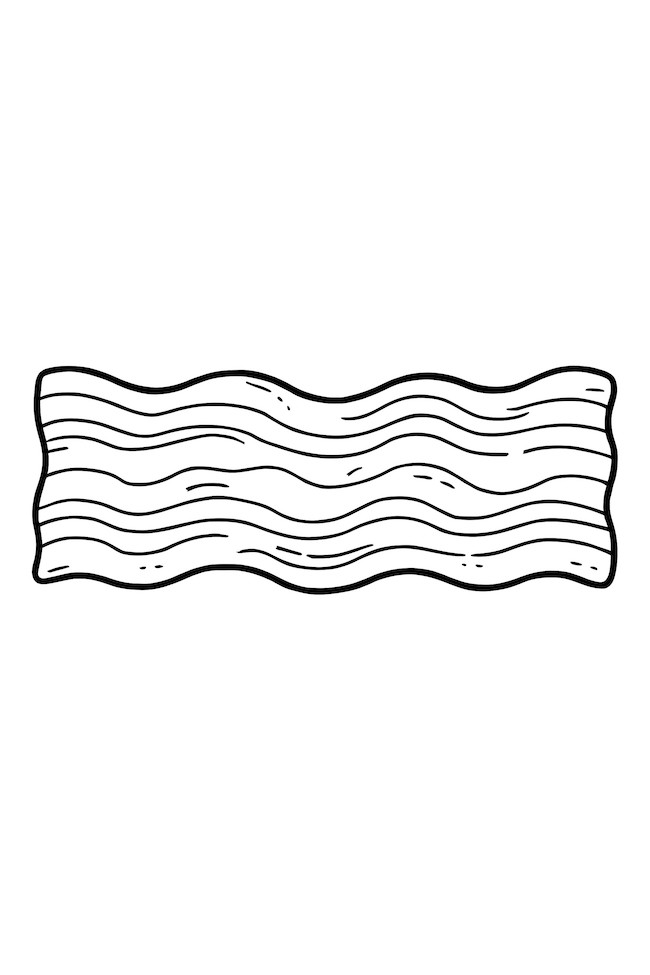 Coloring page of a long piece of wavy bacon with a textured surface
