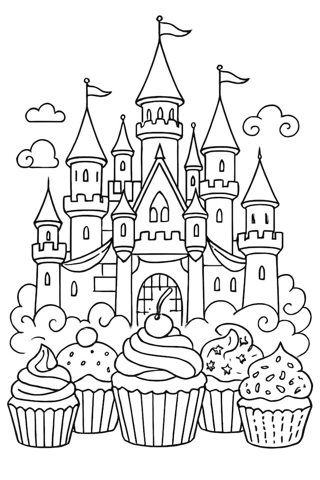 Coloring page featuring a fairytale castle behind a row of decorative cupcakes with various toppings and details