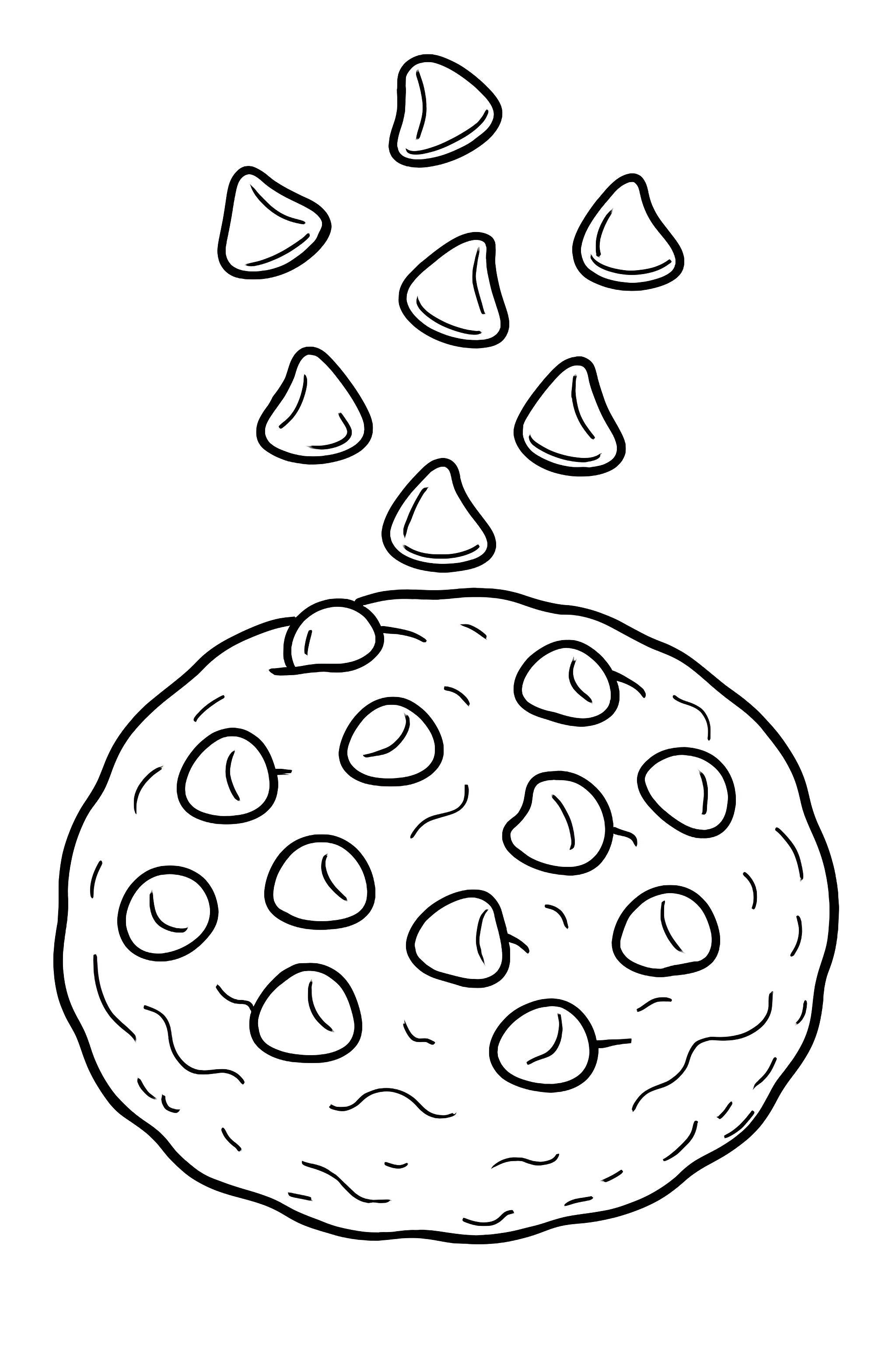 Coloring page of a chocolate chip cookie with chocolate chips falling from above