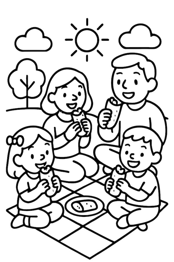 Coloring page of a family picnic scene with four people eating burritos on a picnic blanket under the sun