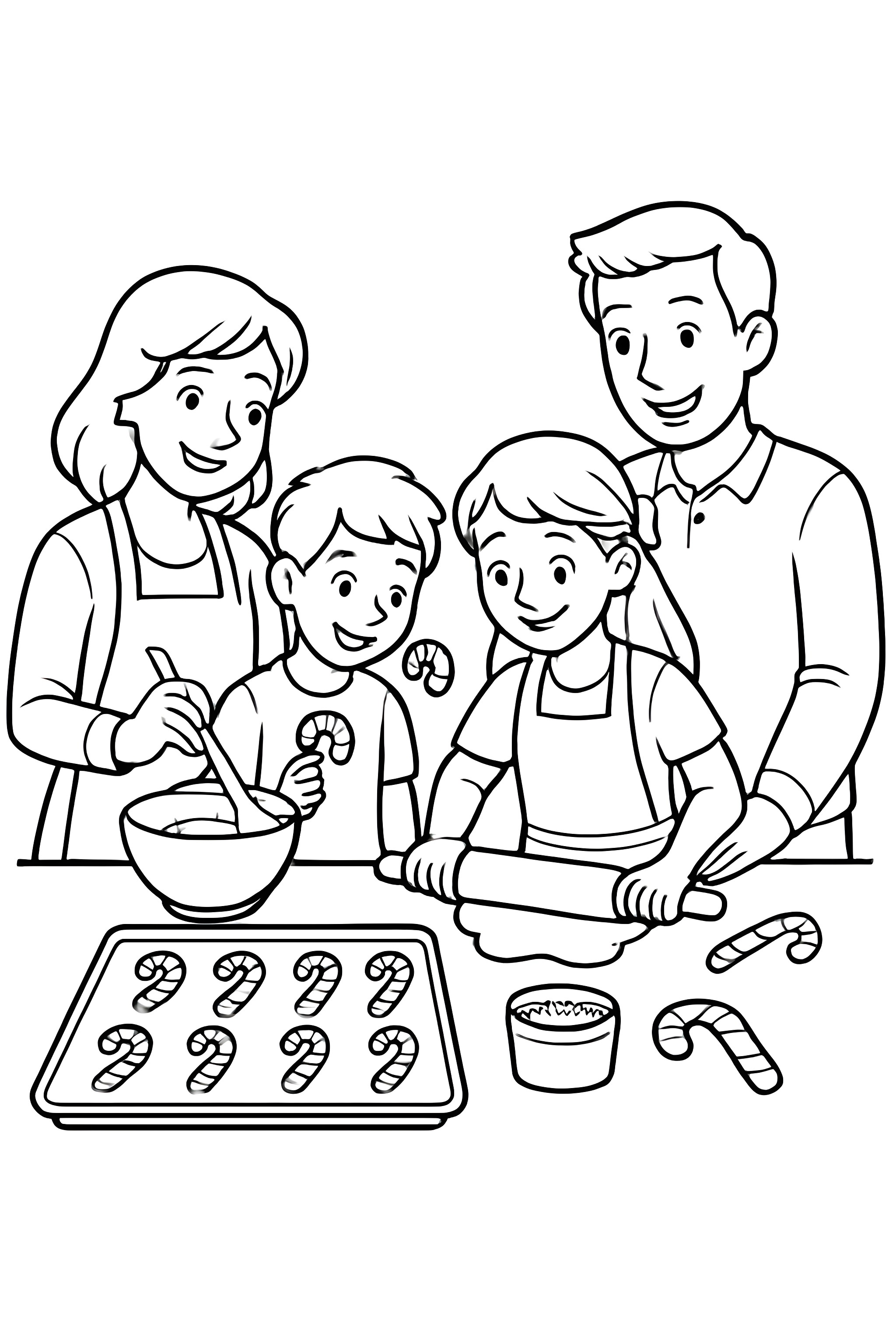 A family of four baking candy cane cookies with a bowl, rolling pin, cookie tray, and candy cane shapes.