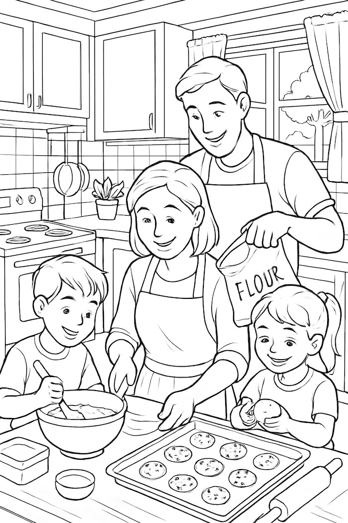 Coloring page of a family baking cookies in a cozy kitchen with a father, mother, and two children preparing dough and placing cookies on a tray