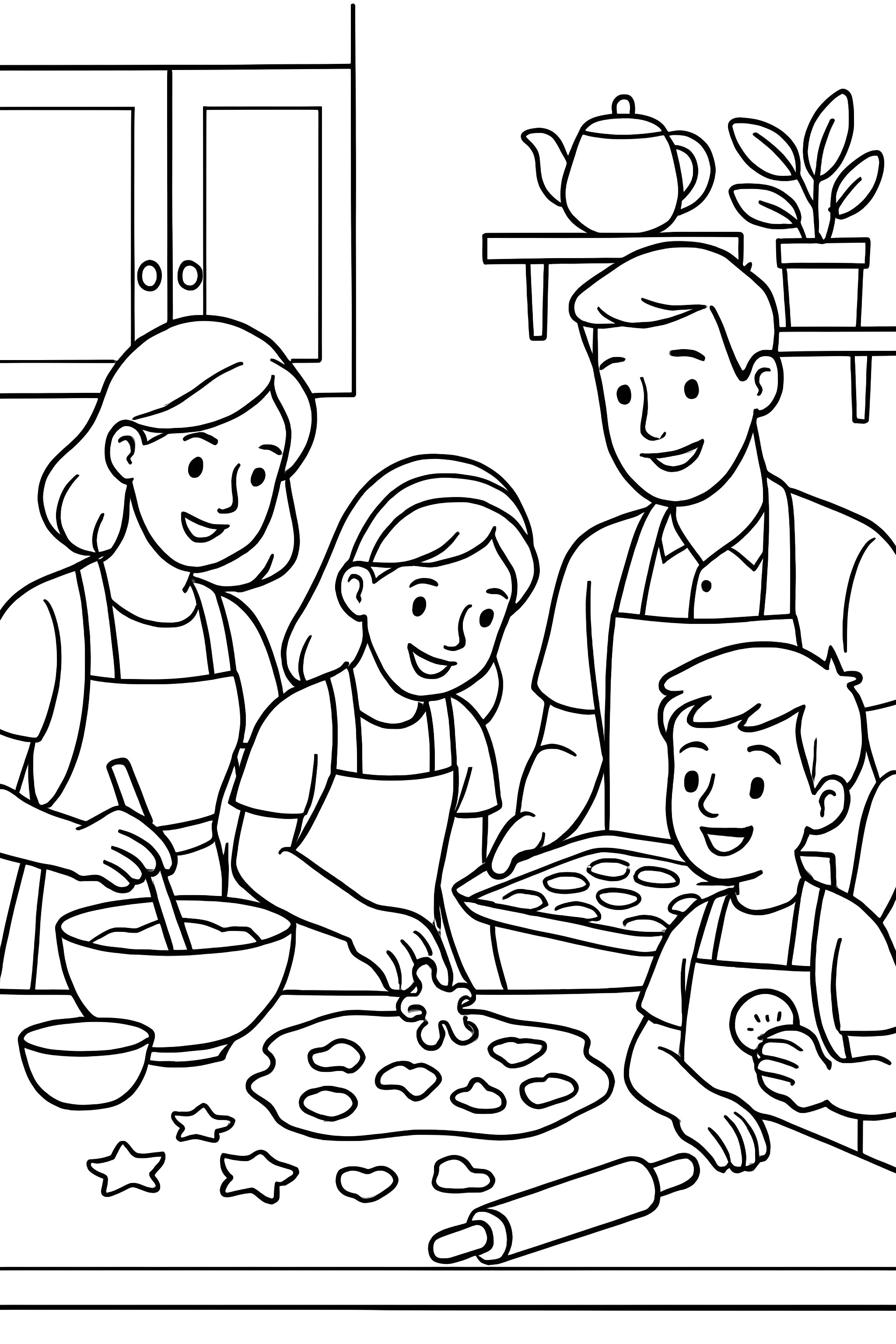 Coloring page of a family baking cookies together in a kitchen, featuring parents and children with dough, cookie cutters, and baking trays