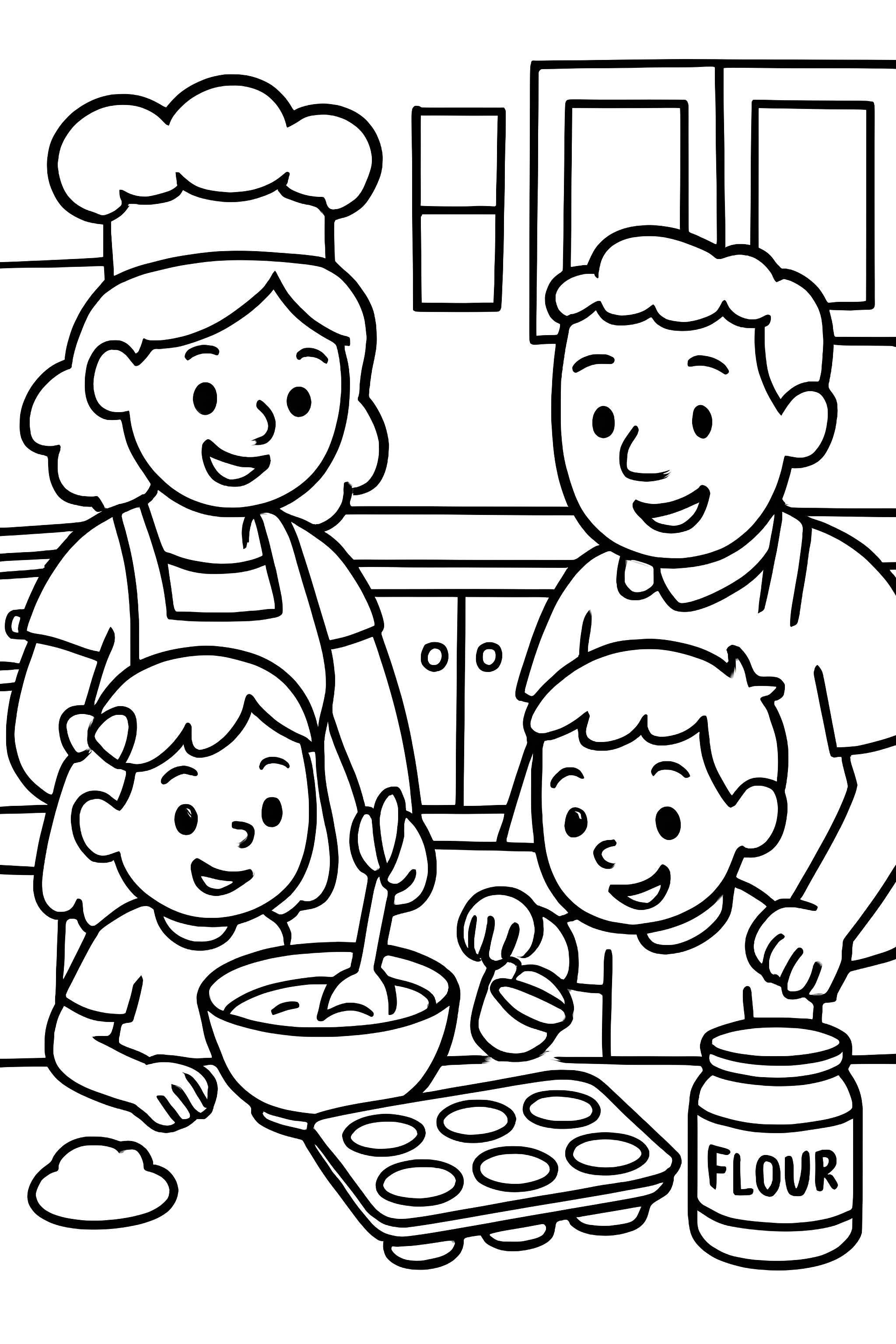 Coloring page of a family baking muffins, showing a woman, a man, and two children in a kitchen with bowls and muffin trays
