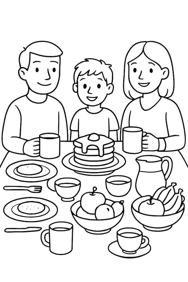 Coloring page of a family enjoying breakfast at a table with pancakes, fruits, and drinks