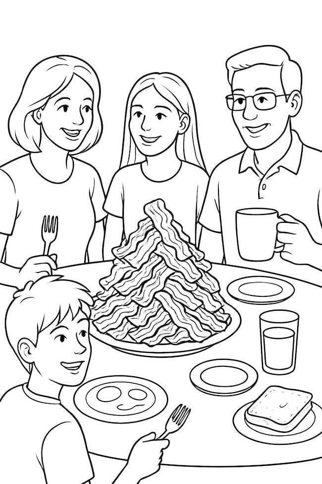 Coloring page of a family gathered around a table with a large pile of bacon, plates, and drinks