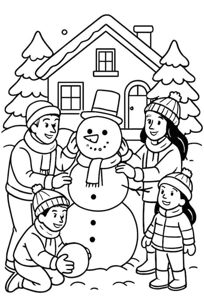 Coloring page of a family constructing a snowman outside a cozy house with snowy trees