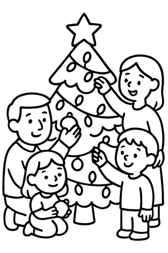 Coloring page of a family decorating a Christmas tree with ornaments and lights