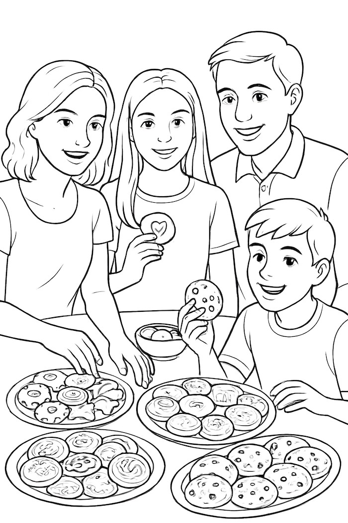Coloring page of a family gathering around a table filled with assorted cookies, with parents and children holding treats