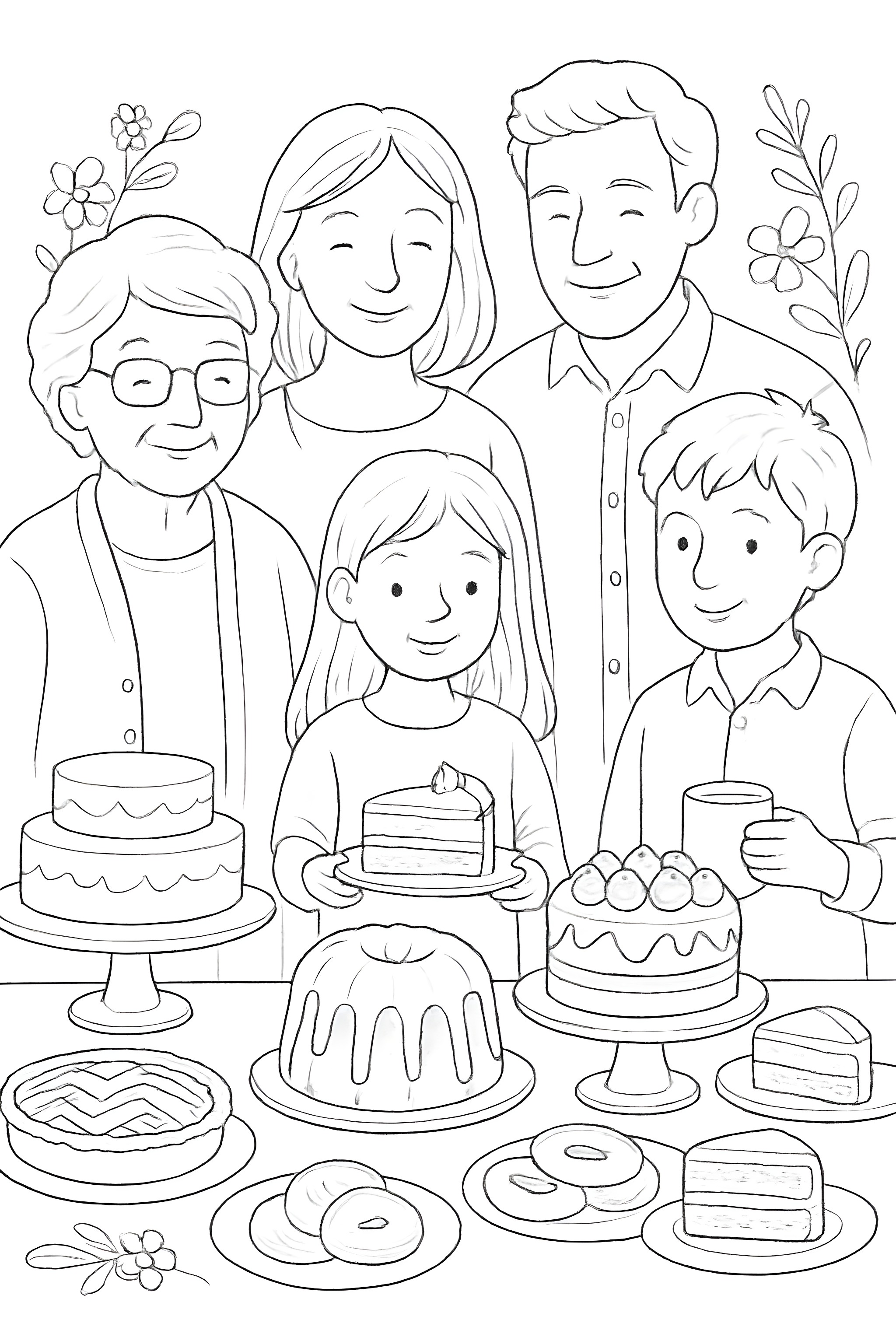 Coloring page depicting a family of four gathered around a buffet table filled with various cakes and desserts.