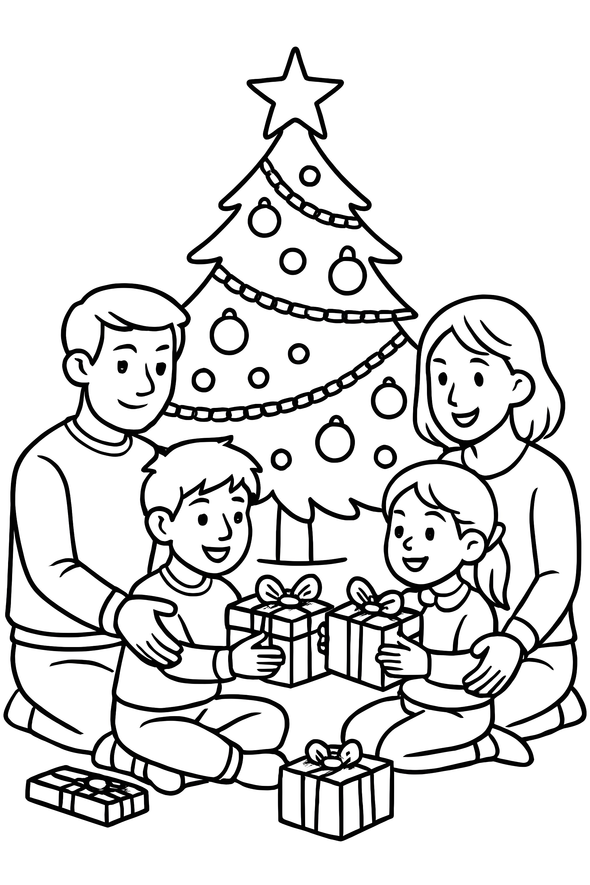 Coloring page of a family sitting around a Christmas tree exchanging gifts