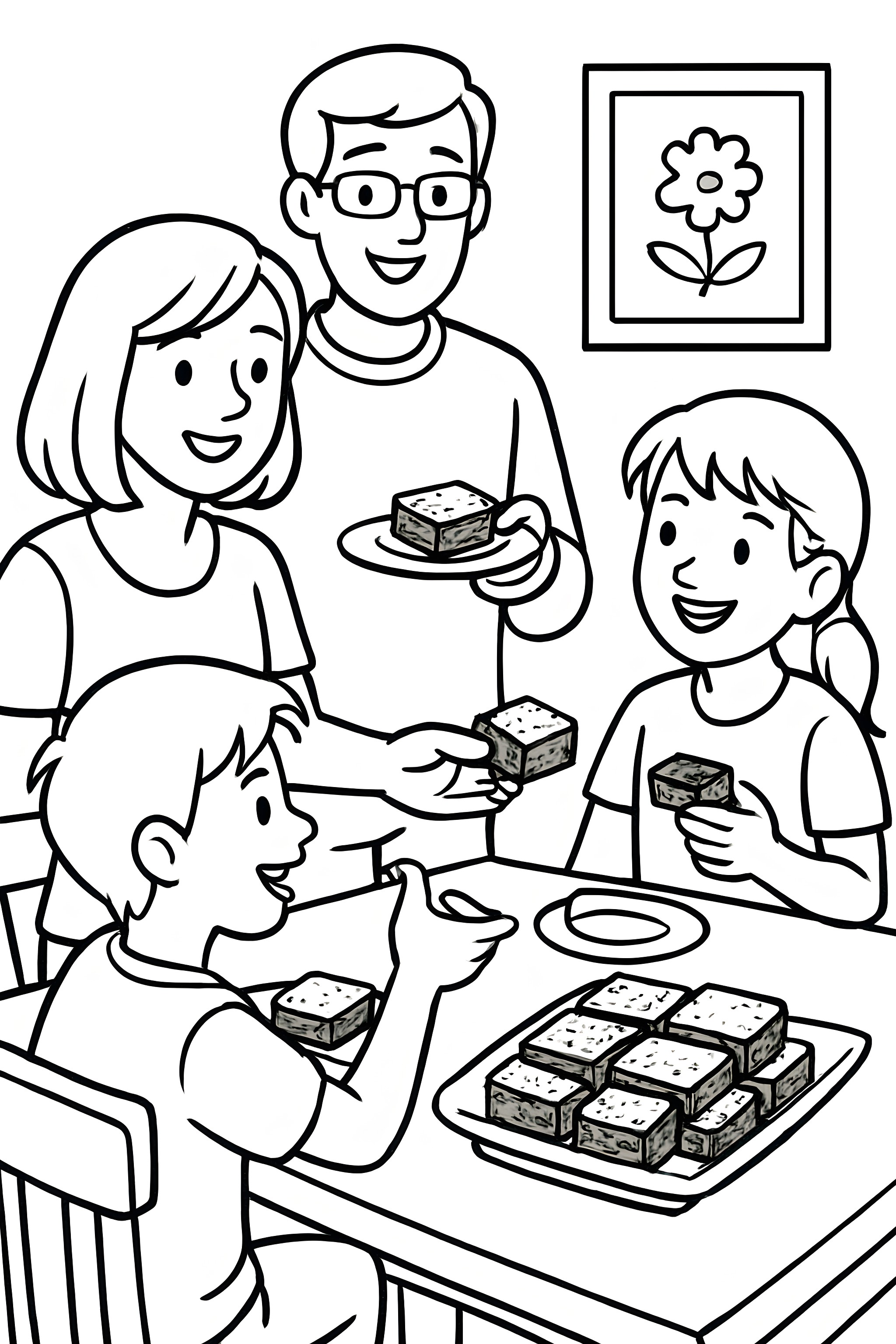 Coloring page depicting a family of four enjoying brownies at a table with a floral picture on the wall