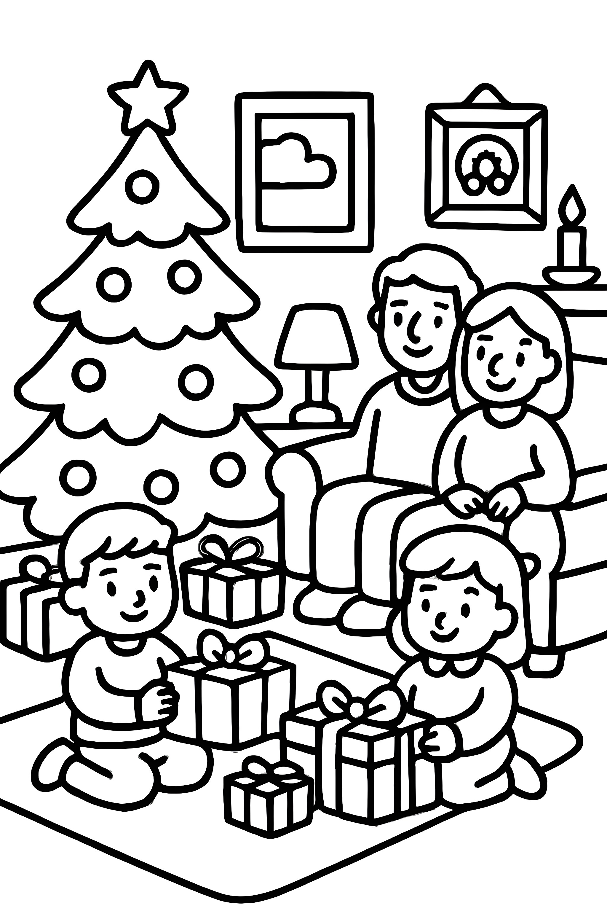 A family in a living room on Christmas morning with a decorated tree and presents