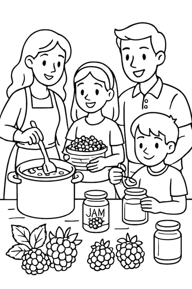 Coloring page of a family making blackberry jam, featuring a mother stirring a pot, children holding berries, and jars labeled 'JAM'