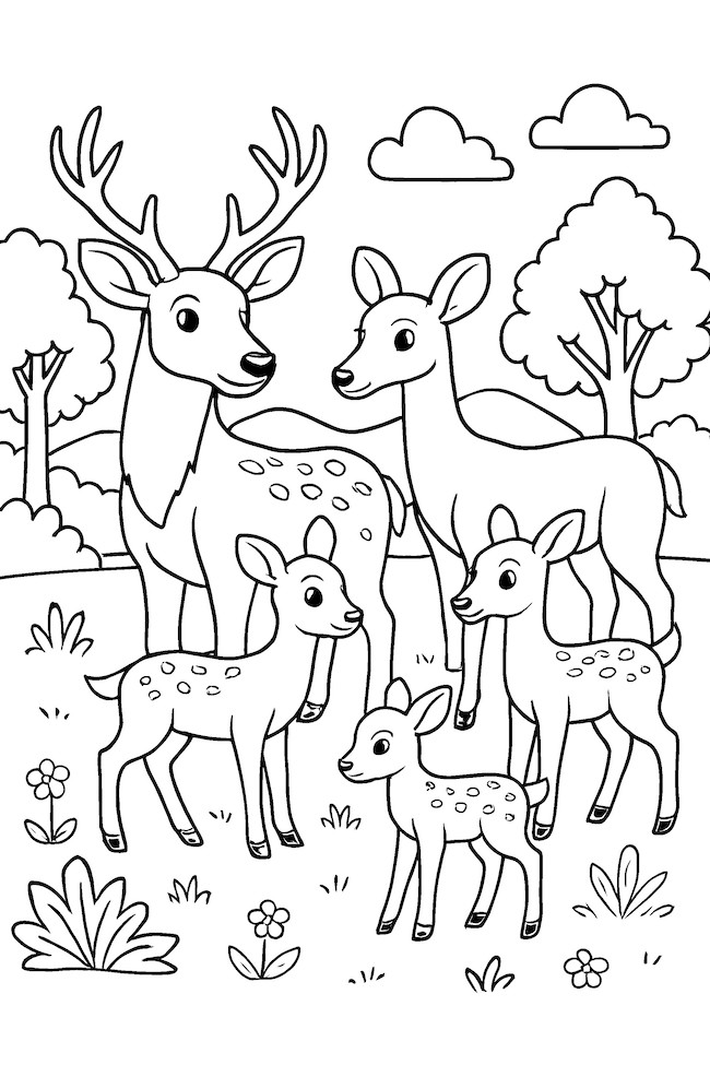 Coloring page of a family of deer including a stag, doe, and two fawns in a forest setting with trees and clouds