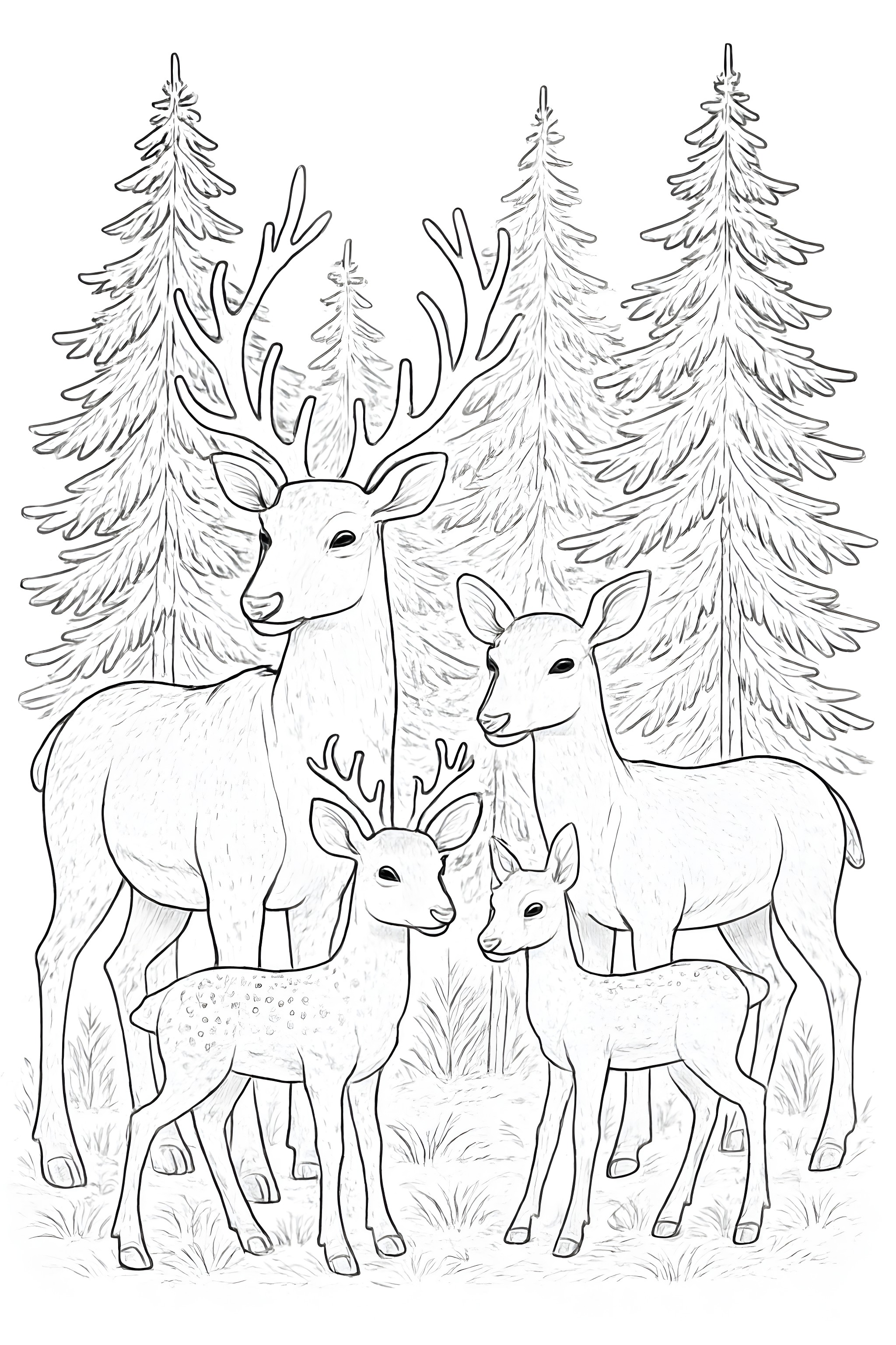 A family of four reindeer standing among tall pine trees in a forest setting