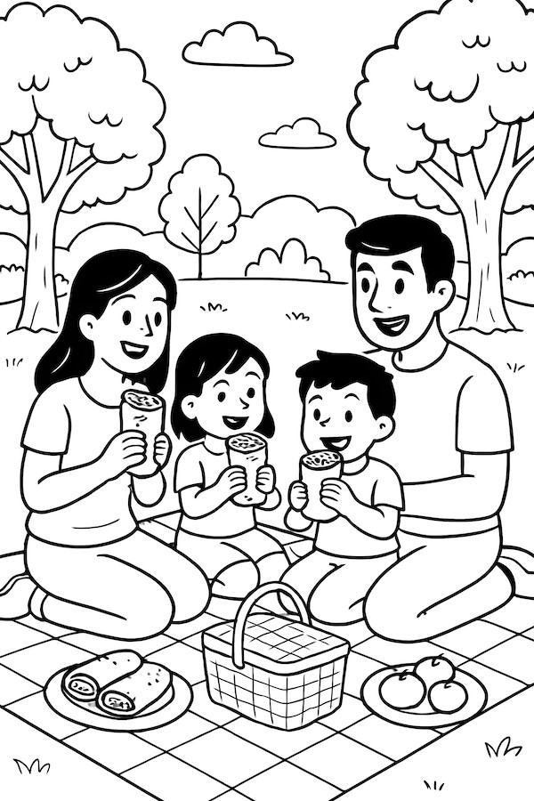 Coloring page of a family of four enjoying burritos on a checkered blanket in a park with trees and a picnic basket