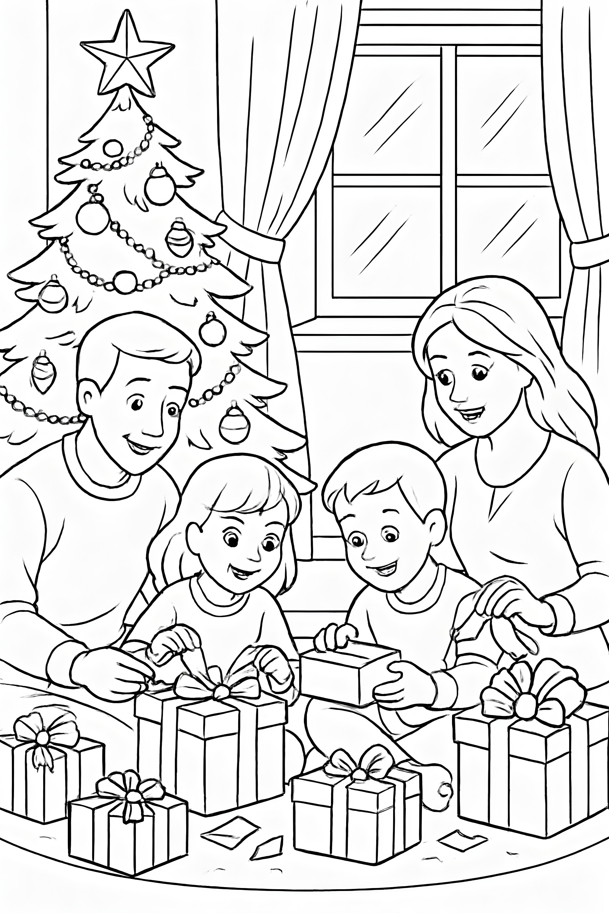 A family joyfully unwrapping presents beneath a decorated Christmas tree in a cozy living room
