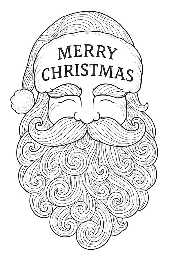 Coloring page of Santa's elaborate mustache and beard, featuring swirling patterns and a 'Merry Christmas' hat