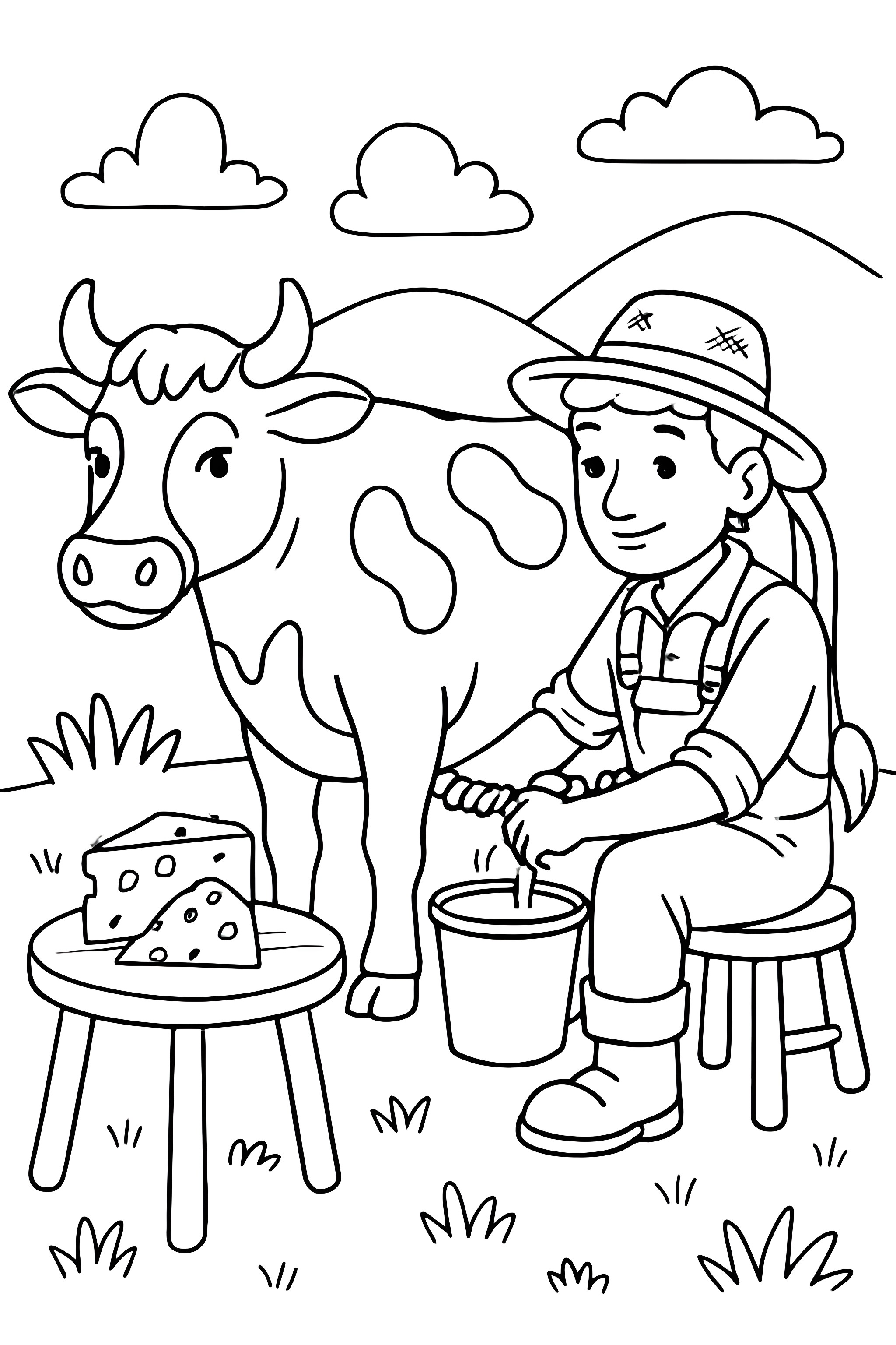 Coloring page featuring a farmer milking a cow, with cheese on a nearby table and mountains in the background