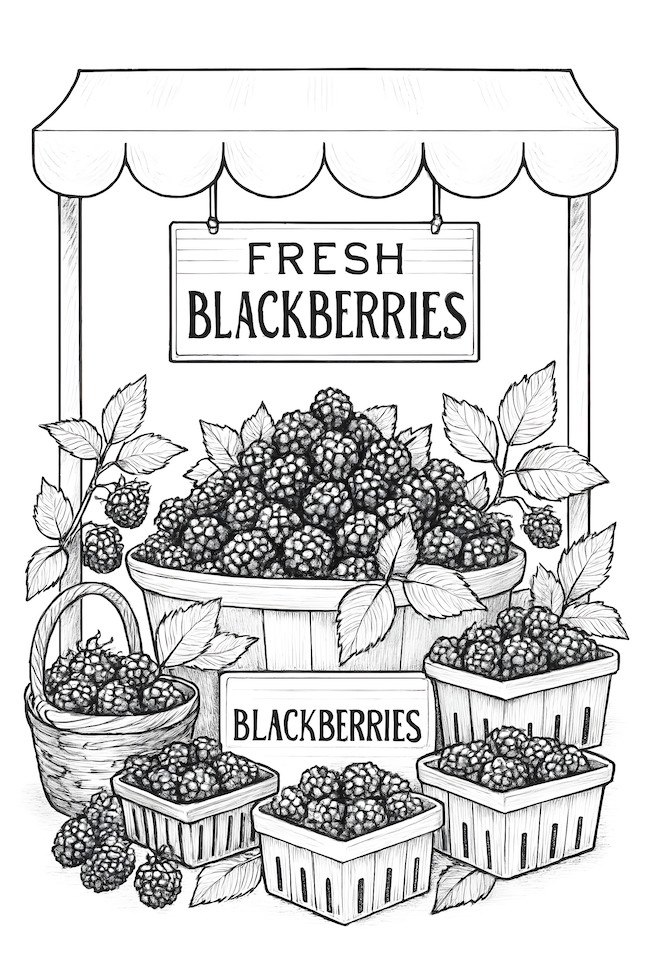 Coloring page of a market stall overflowing with blackberries, featuring baskets and a sign that reads 'Fresh Blackberries'