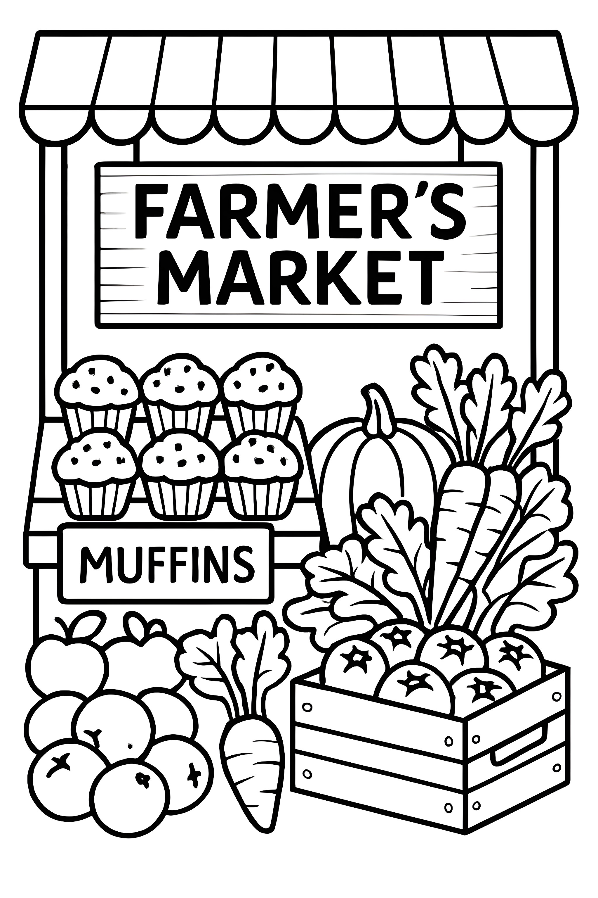 Coloring page of a farmer's market stall displaying muffins, fresh produce including carrots, pumpkins, and a crate of vegetables.
