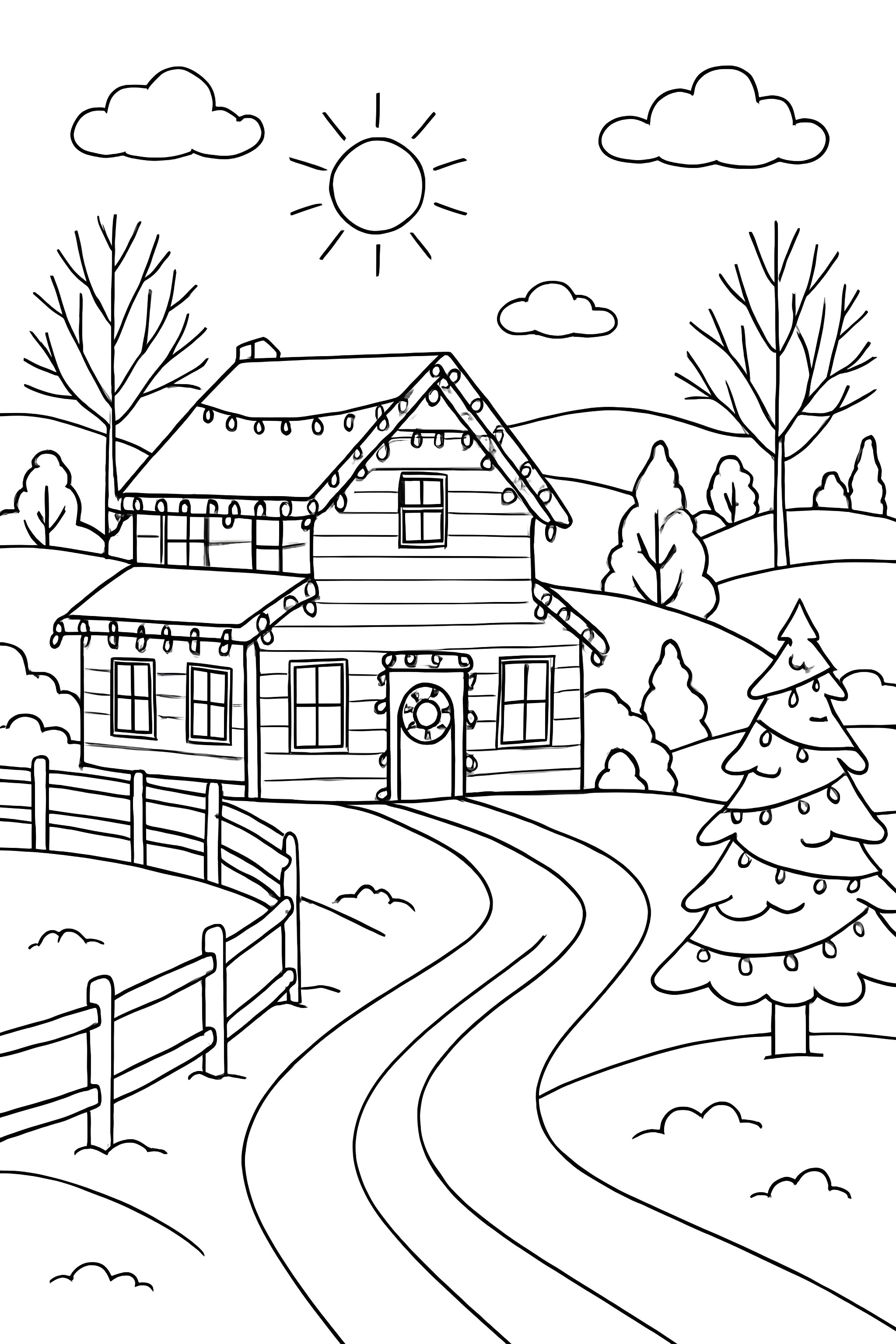 Coloring page of a farmhouse adorned with Christmas lights, set in a countryside view with a winding road, trees, and hills