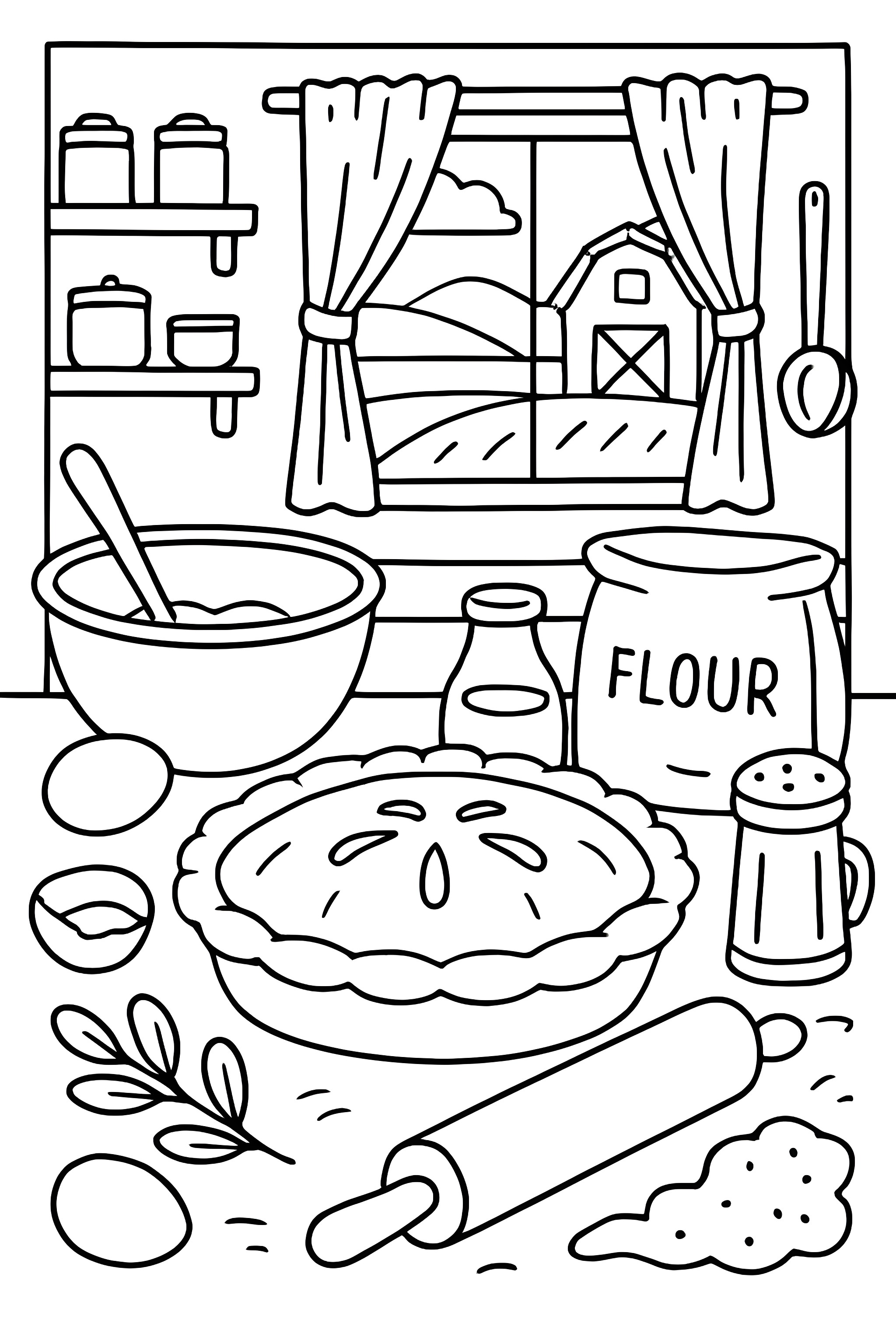 Coloring page featuring a farmhouse kitchen scene with a pie, mixing bowls, eggs, flour, and a countryside view through the window