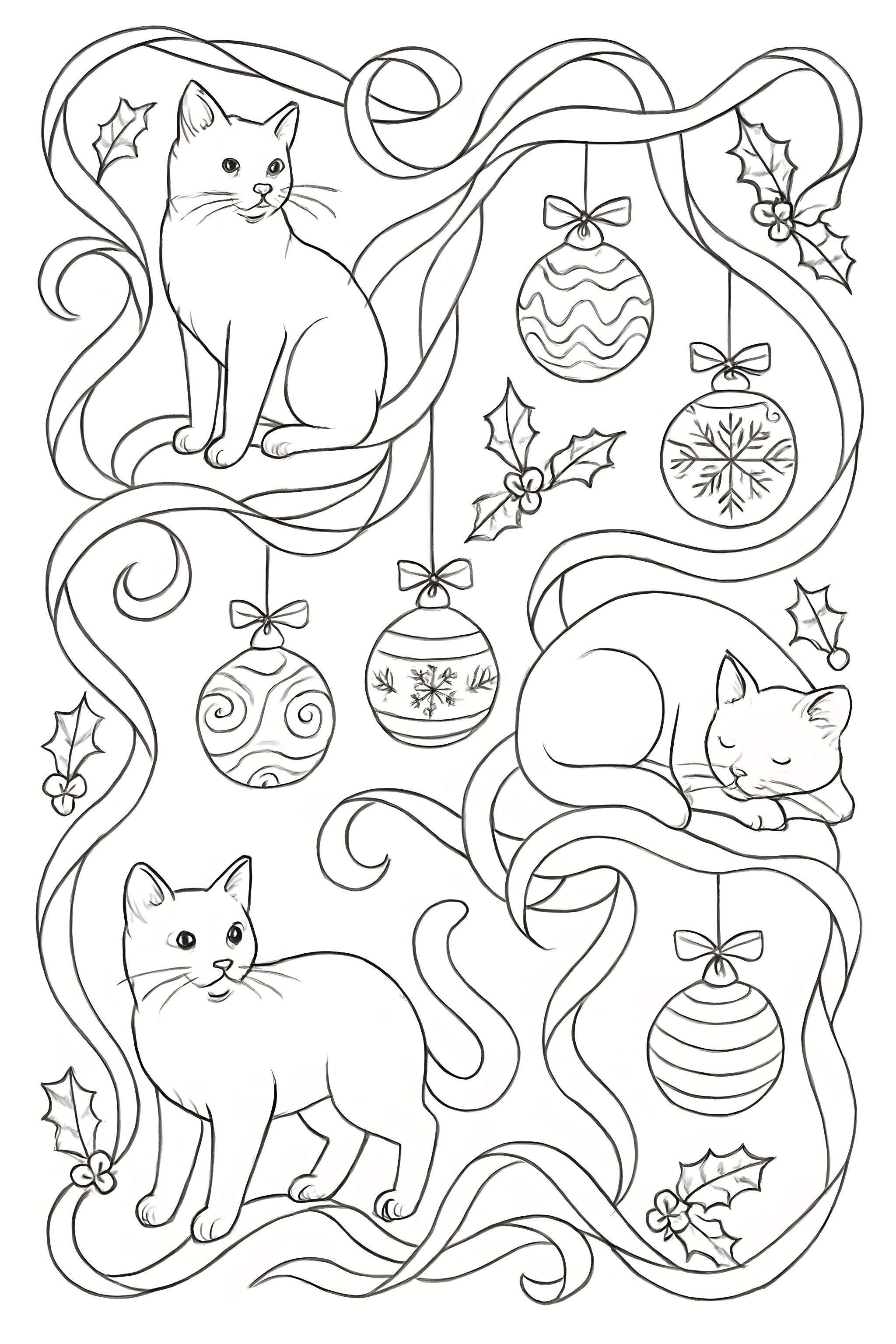 Two cats among swirling ribbons and various Christmas ornaments like traditional and snowflake designs