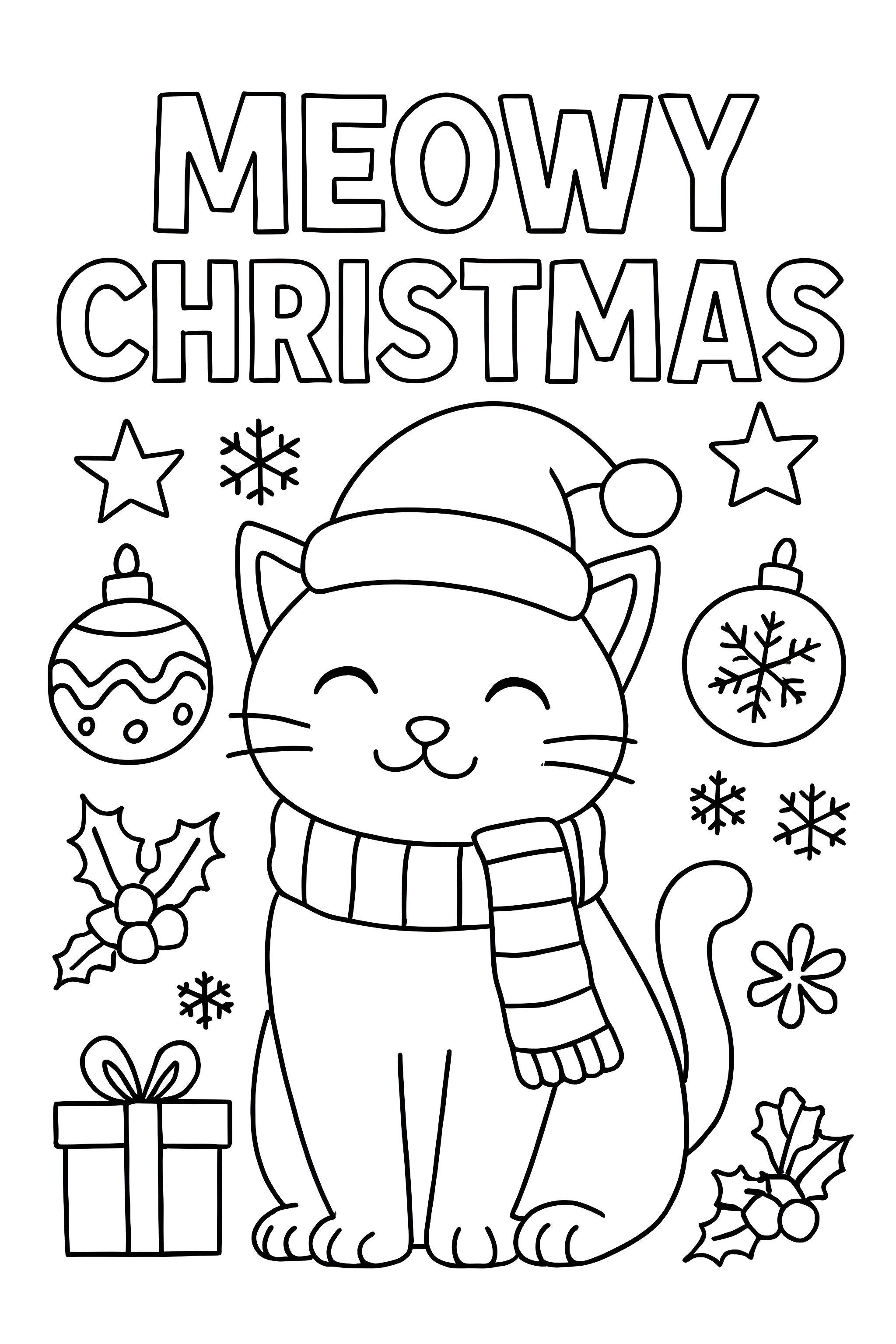 Coloring page featuring a smiling cat in a Christmas hat and scarf surrounded by ornaments, snowflakes, and holly decorations.