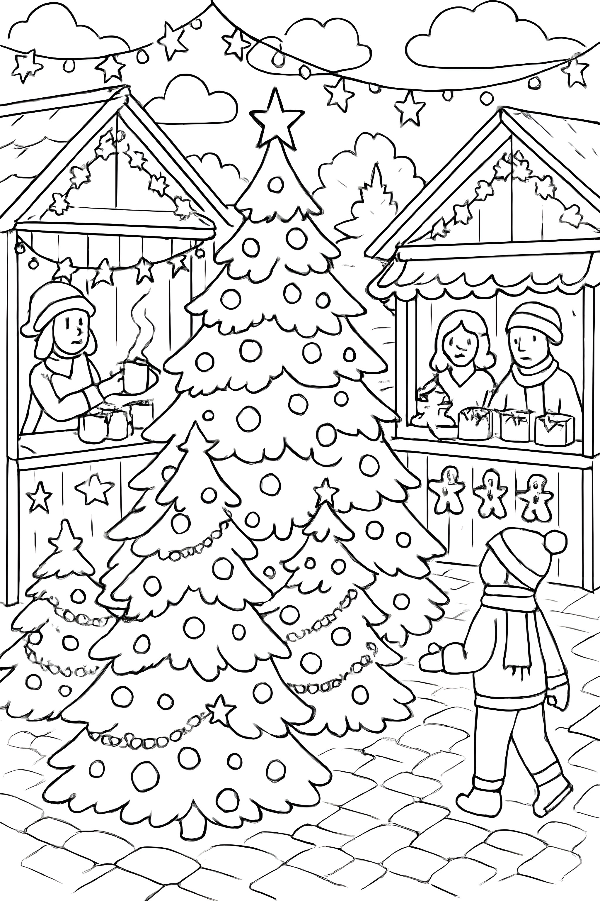 Coloring page featuring a Christmas market with decorated trees, festive stalls, and people enjoying warm drinks