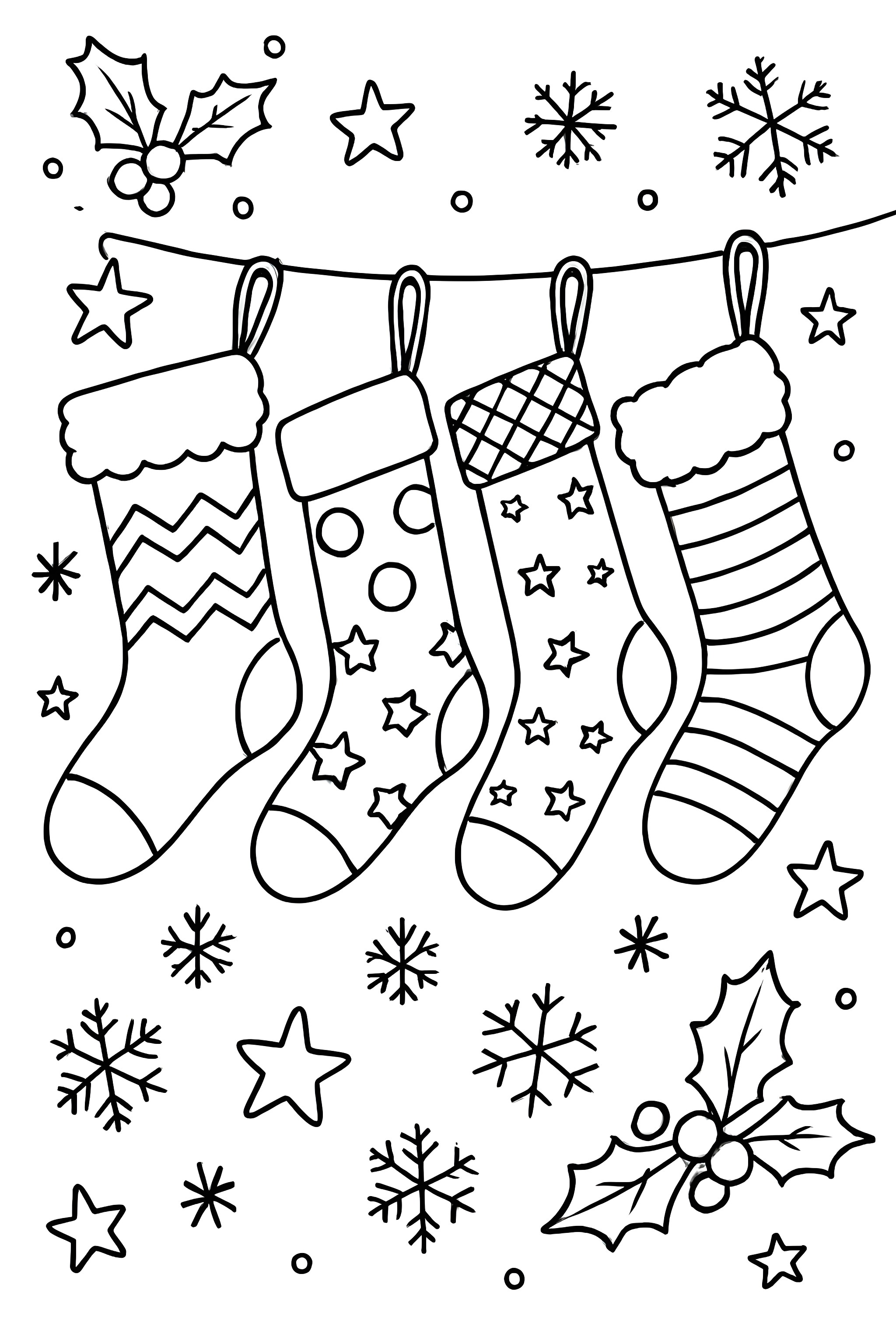 Four Christmas stockings with various patterns and designs, surrounded by stars, snowflakes, and holly leaves