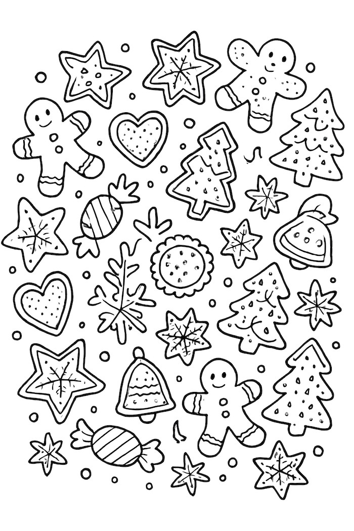 Coloring page featuring festive cookie shapes including gingerbread men, stars, hearts, Christmas trees, and candies arranged in a spiral layout