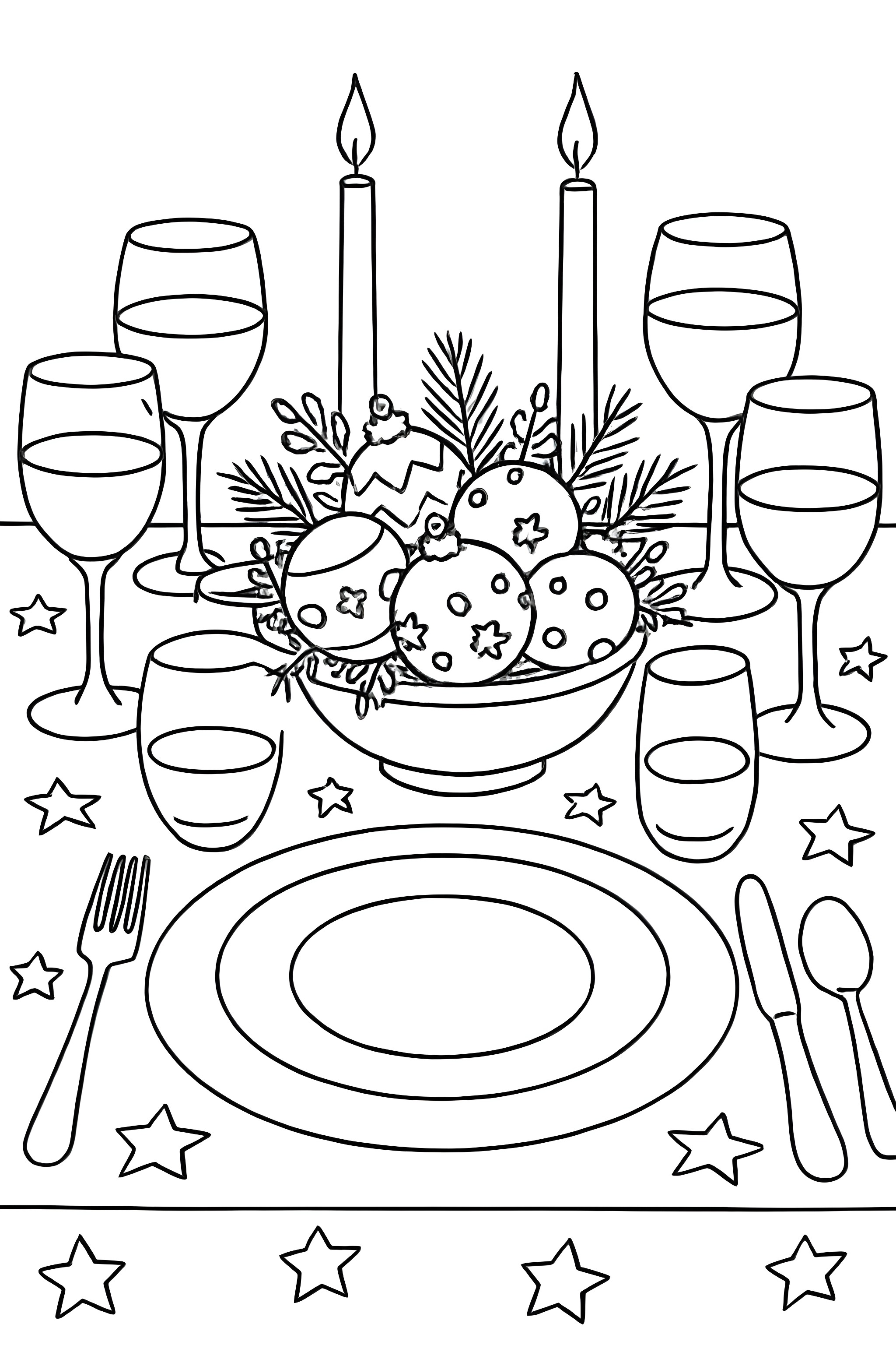 Coloring page of a festive dining table featuring plates, glasses, candles, and a centerpiece of Christmas ornaments and greenery